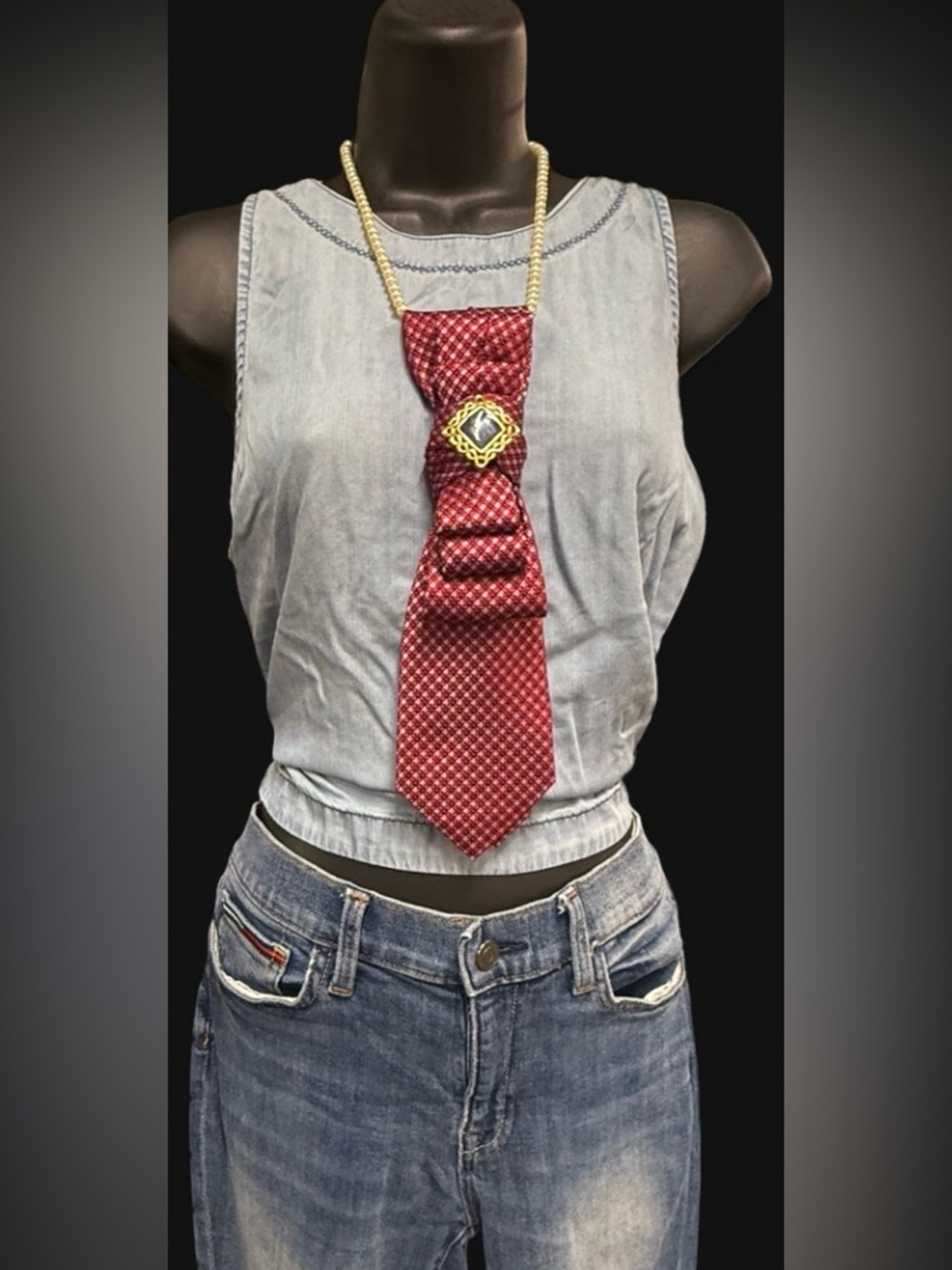Re-Styled Tommy Hilfiger Red Pattern Necktie Necklace Vintage Pearls Festival